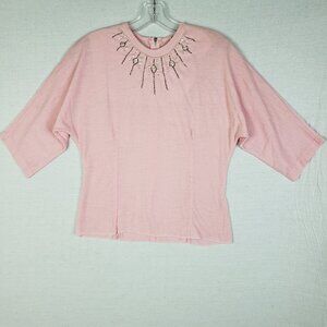 Vintage Union Label 60s 70s Knit Blouse Top Beaded Pastel Pink Half Sleeve M/L